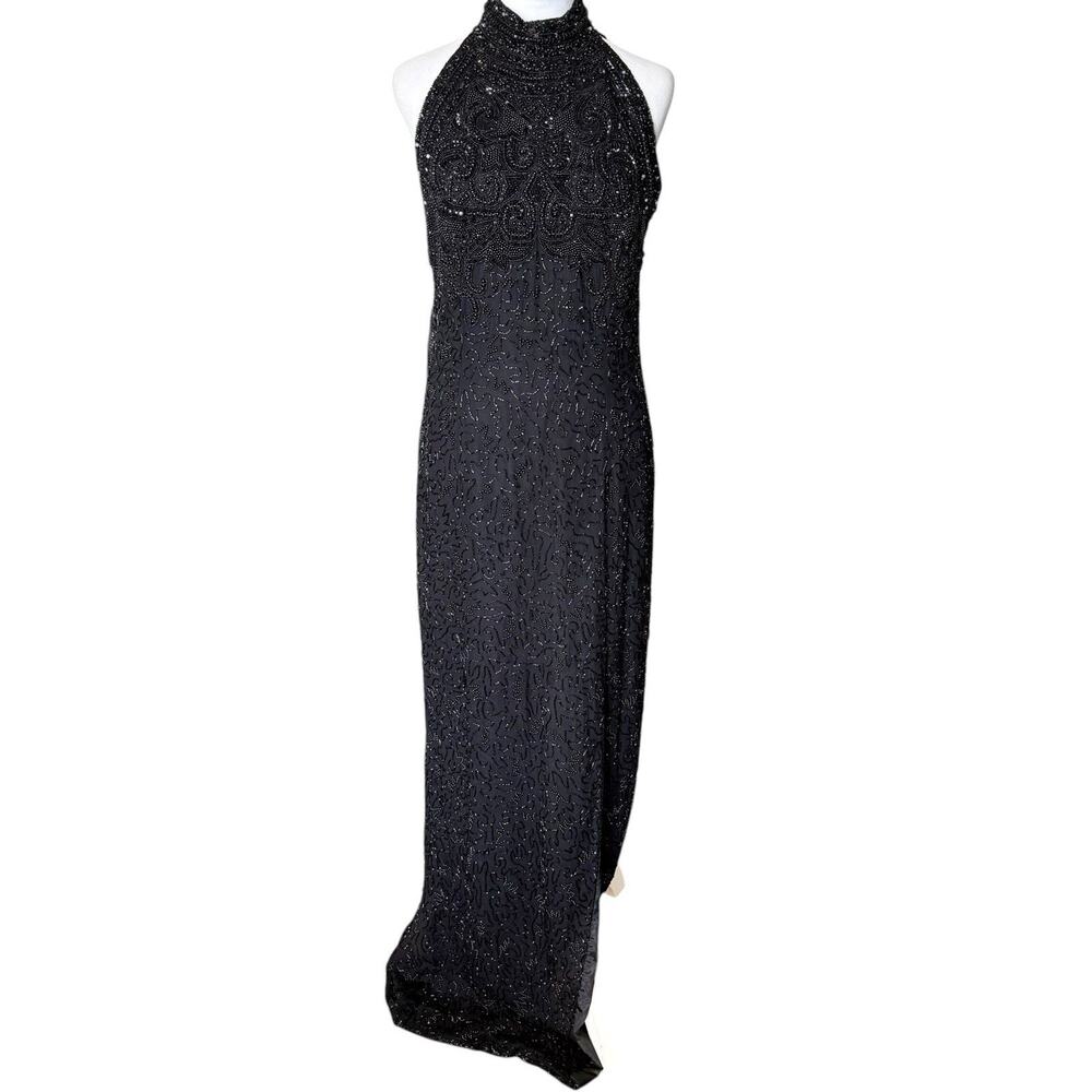 Vintage Nipon Nights 100% Silk Heavily Beaded Black Evening Gown Halter